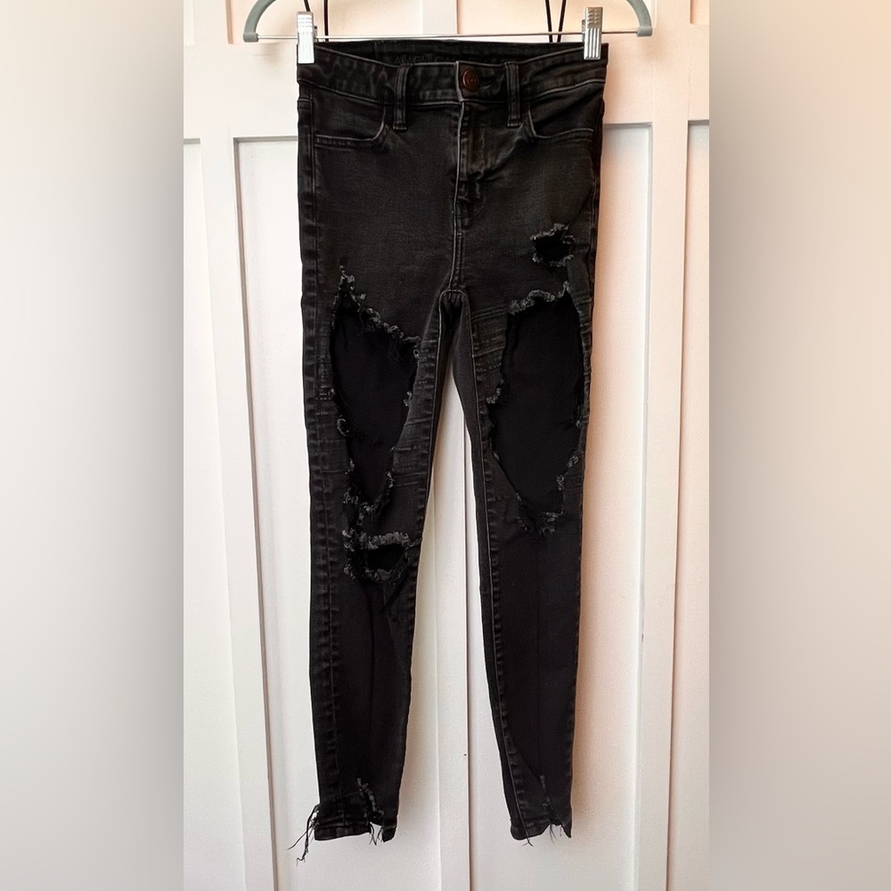 American Eagle Women Jeans Size 0 Short High Rise Jegging Black Distressed Holes